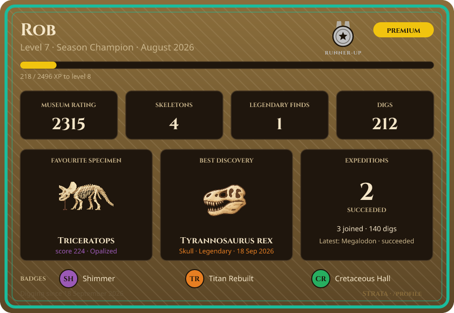 A player profile card with level, stats, favourite specimen and badges